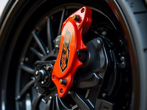 A high-performance brake caliper and rotor on a vehicle.