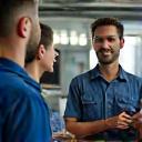 A mechanic discussing a repair plan with a customer.